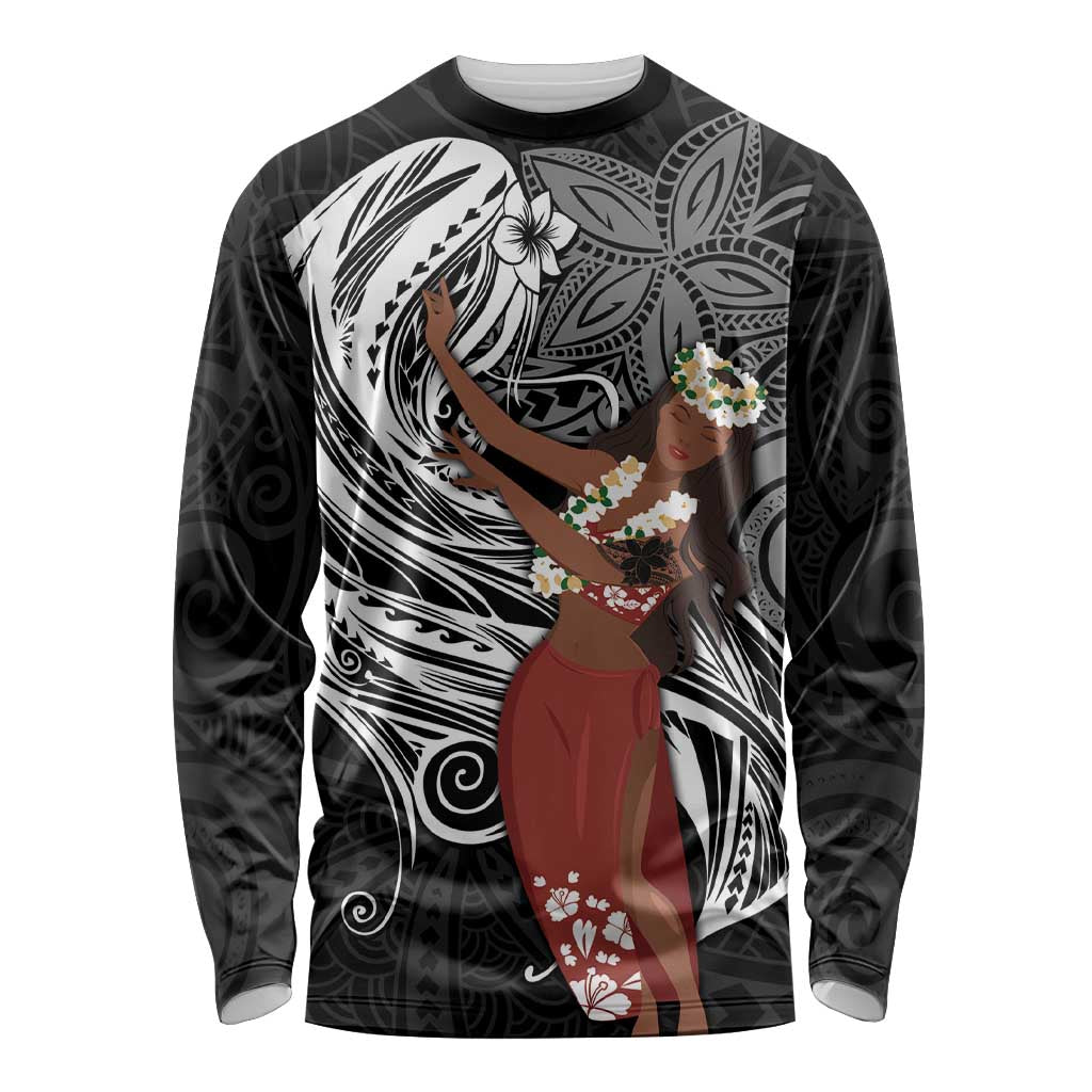 Tahiti Islands Polynesian Plumeria Long Sleeve Shirt Tahitian Vahine 'Ote'a - Black LT7 Unisex Black - Polynesian Pride