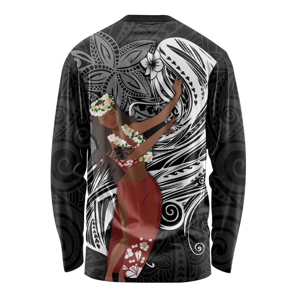 Tahiti Islands Polynesian Plumeria Long Sleeve Shirt Tahitian Vahine 'Ote'a - Black LT7 - Polynesian Pride