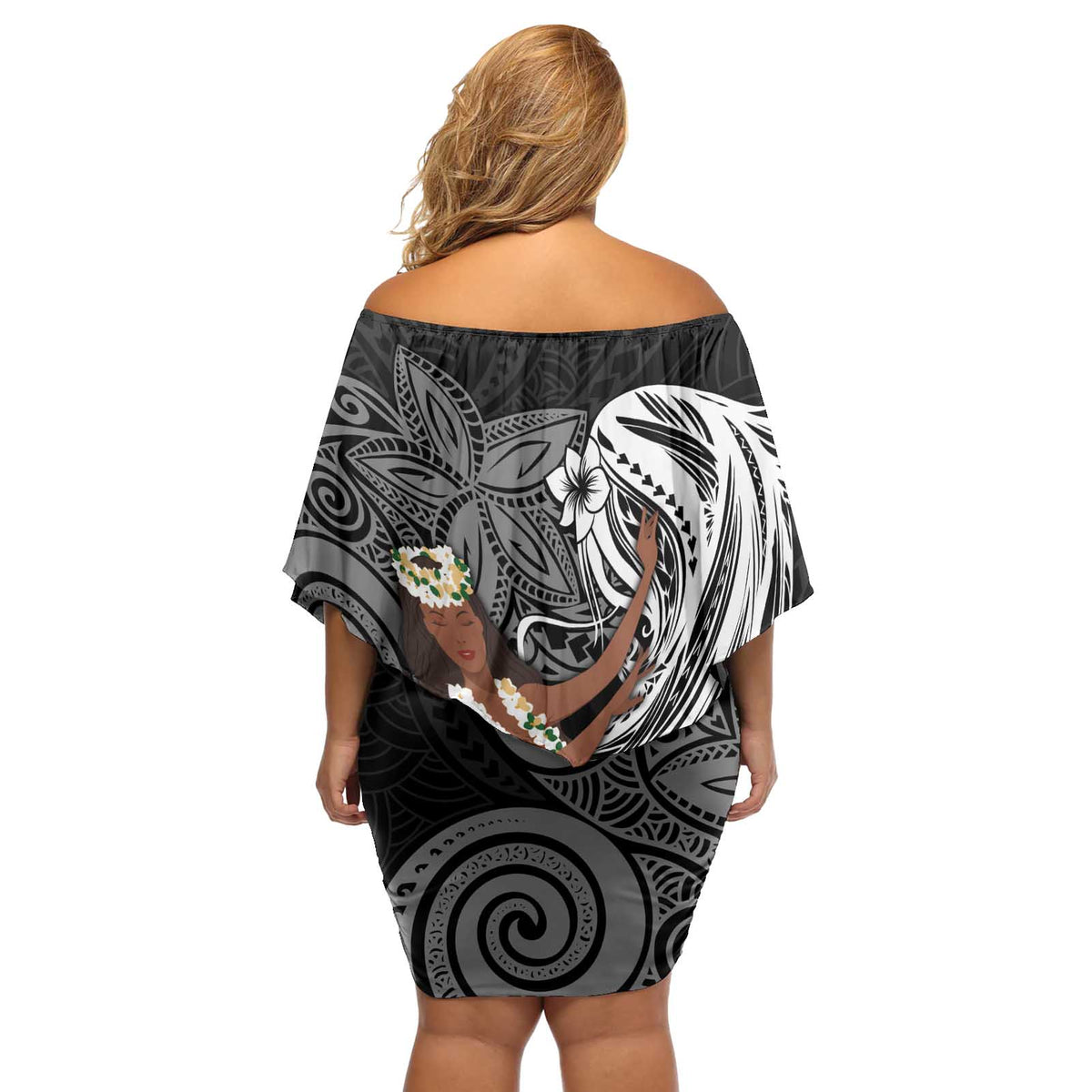 Tahiti Islands Polynesian Plumeria Off Shoulder Short Dress Tahitian Vahine 'Ote'a - Black LT7 - Polynesian Pride