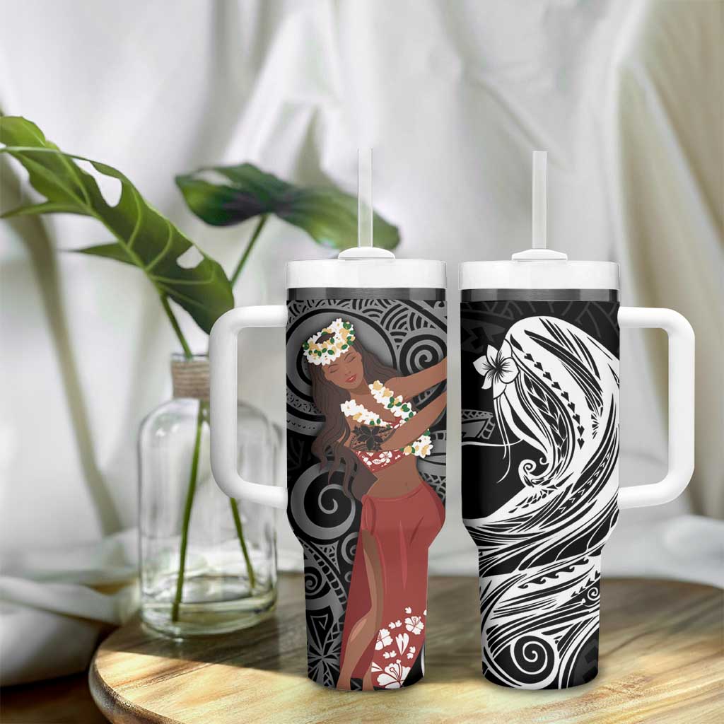 Tahiti Islands Polynesian Plumeria Tumbler With Handle Tahitian Vahine 'Ote'a - Black LT7 - Polynesian Pride