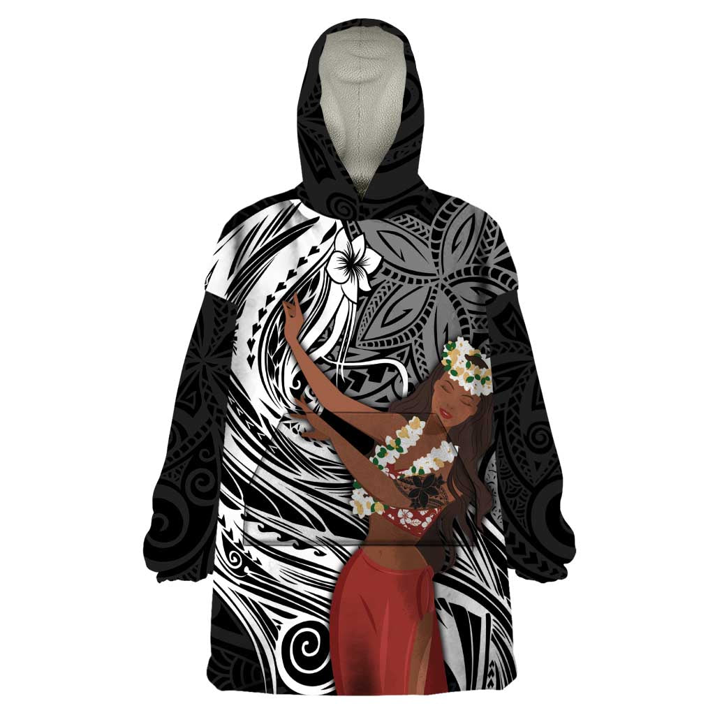 Tahiti Islands Polynesian Plumeria Wearable Blanket Hoodie Tahitian Vahine 'Ote'a - Black LT7 One Size Black - Polynesian Pride