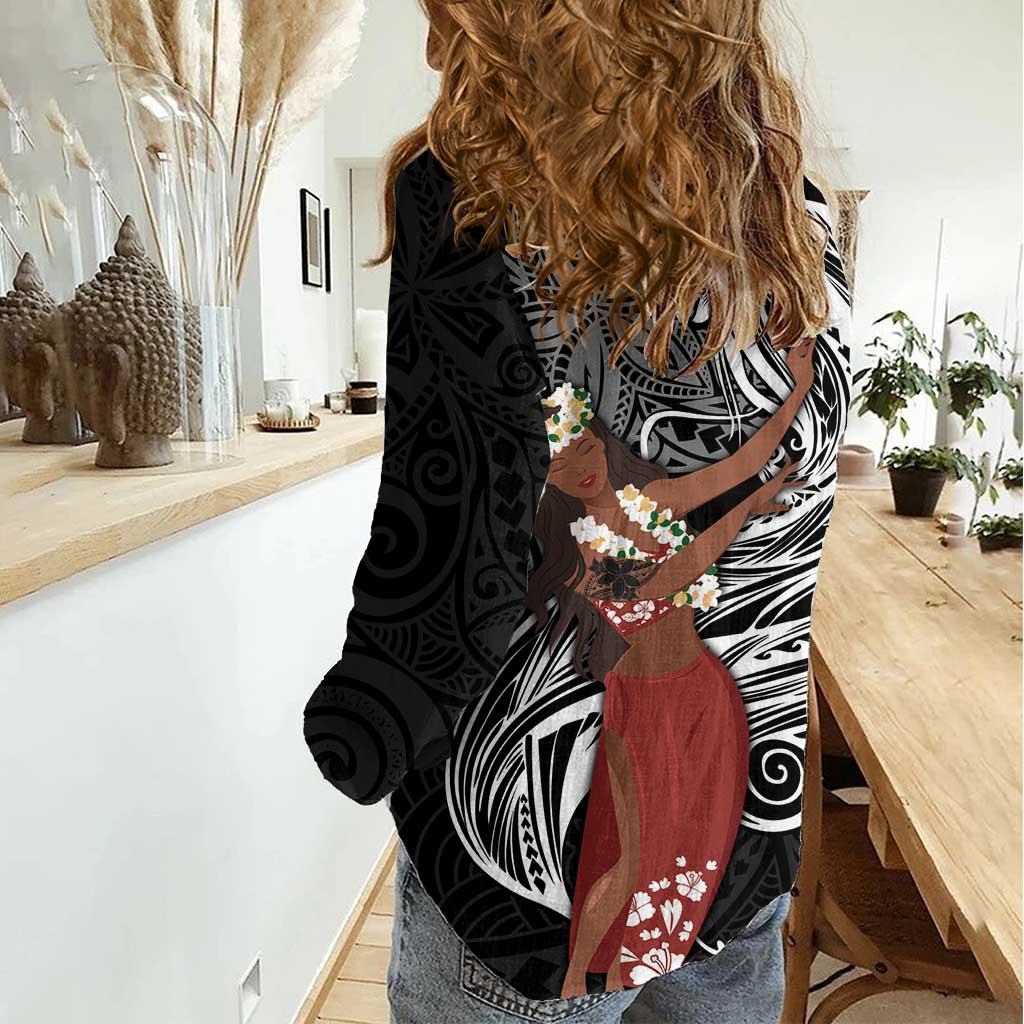 Tahiti Islands Polynesian Plumeria Women Casual Shirt Tahitian Vahine 'Ote'a - Black LT7 - Polynesian Pride