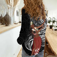 Tahiti Islands Polynesian Plumeria Women Casual Shirt Tahitian Vahine 'Ote'a - Black LT7 - Polynesian Pride