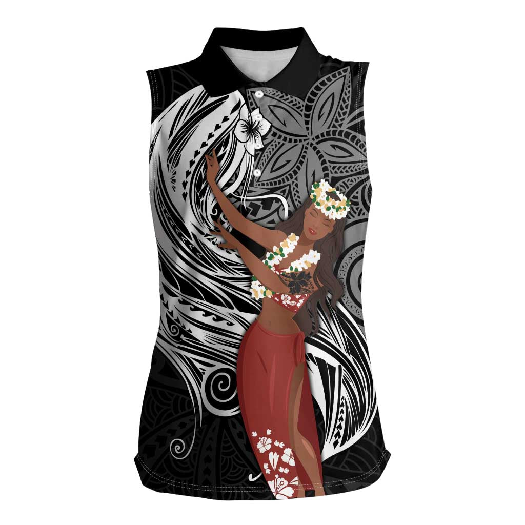 Tahiti Islands Polynesian Plumeria Women Sleeveless Polo Shirt Tahitian Vahine 'Ote'a - Black LT7 Female Black - Polynesian Pride