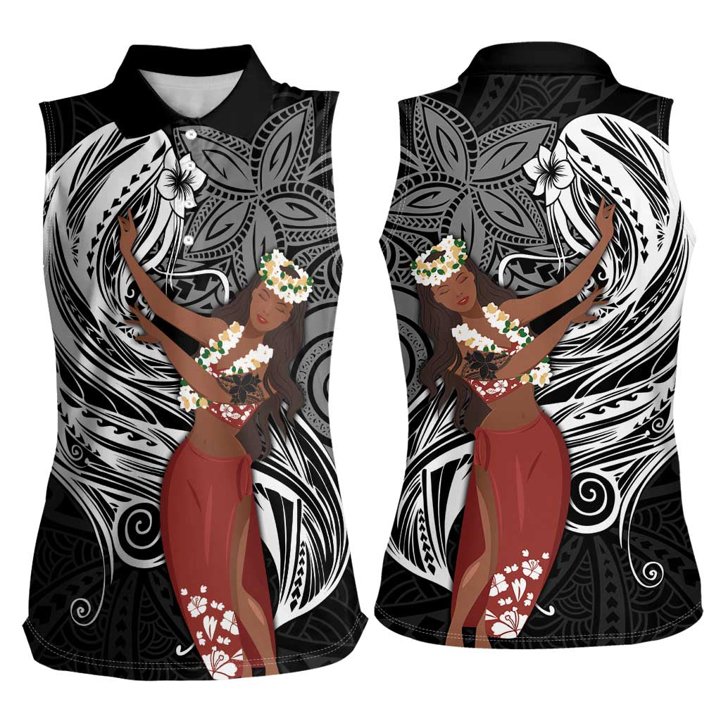Tahiti Islands Polynesian Plumeria Women Sleeveless Polo Shirt Tahitian Vahine 'Ote'a - Black LT7 - Polynesian Pride