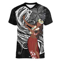 Tahiti Islands Polynesian Plumeria Women V-Neck T-Shirt Tahitian Vahine 'Ote'a - Black LT7 Female Black - Polynesian Pride