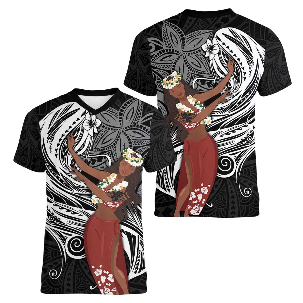 Tahiti Islands Polynesian Plumeria Women V-Neck T-Shirt Tahitian Vahine 'Ote'a - Black LT7 - Polynesian Pride
