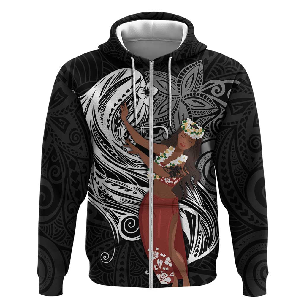 Tahiti Islands Polynesian Plumeria Zip Hoodie Tahitian Vahine 'Ote'a - Black LT7 Zip Hoodie Black - Polynesian Pride