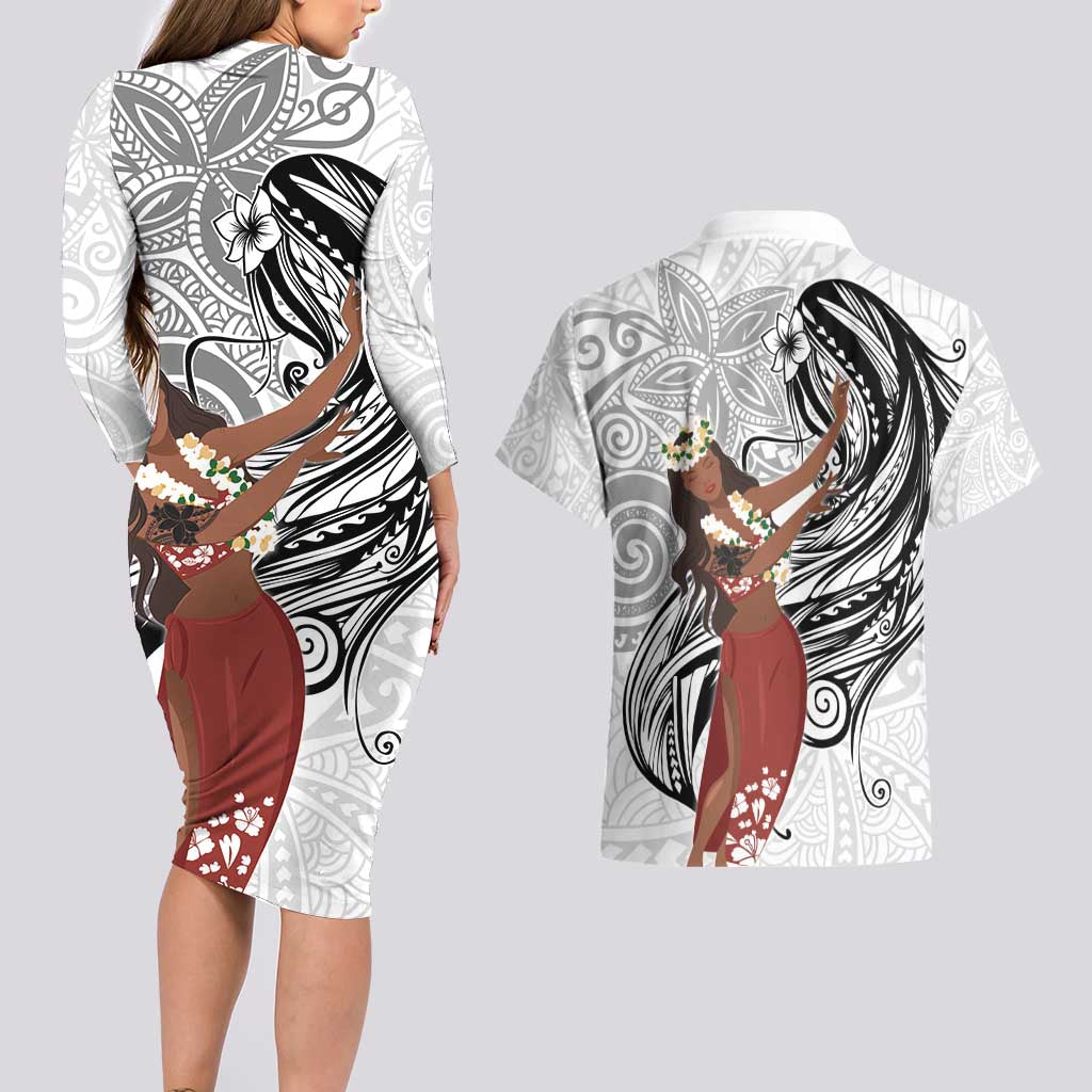Tahiti Islands Polynesian Plumeria Couples Matching Long Sleeve Bodycon Dress and Hawaiian Shirt Tahitian Vahine 'Ote'a - White LT7 - Polynesian Pride