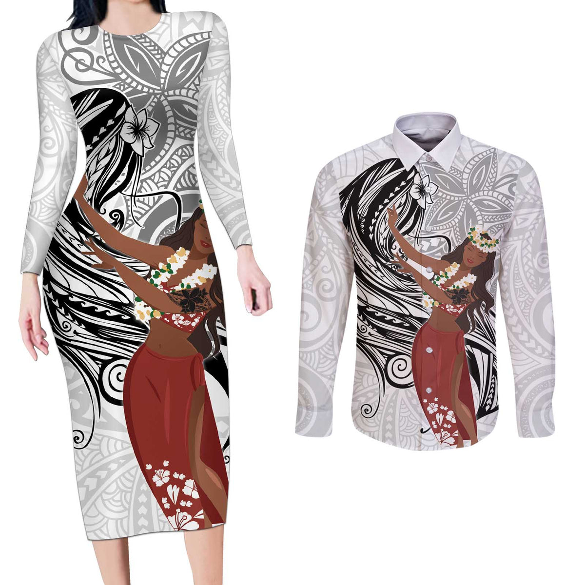 Tahiti Islands Polynesian Plumeria Couples Matching Long Sleeve Bodycon Dress and Long Sleeve Button Shirt Tahitian Vahine 'Ote'a - White LT7 White - Polynesian Pride