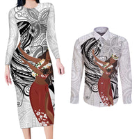 Tahiti Islands Polynesian Plumeria Couples Matching Long Sleeve Bodycon Dress and Long Sleeve Button Shirt Tahitian Vahine 'Ote'a - White LT7 White - Polynesian Pride