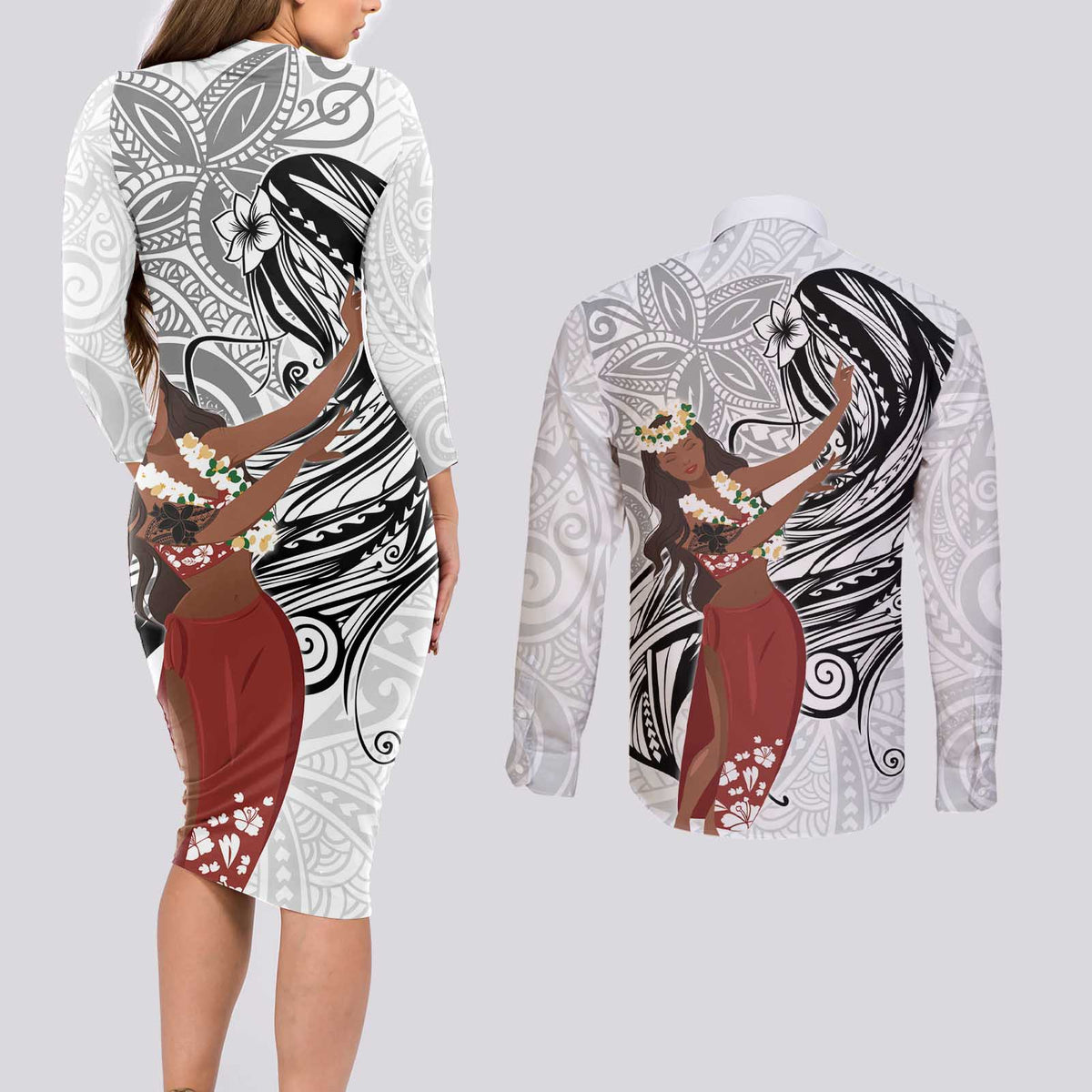 Tahiti Islands Polynesian Plumeria Couples Matching Long Sleeve Bodycon Dress and Long Sleeve Button Shirt Tahitian Vahine 'Ote'a - White LT7 - Polynesian Pride