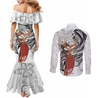 Tahiti Islands Polynesian Plumeria Couples Matching Mermaid Dress and Long Sleeve Button Shirt Tahitian Vahine 'Ote'a - White LT7 - Polynesian Pride