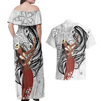 Tahiti Islands Polynesian Plumeria Couples Matching Off Shoulder Maxi Dress and Hawaiian Shirt Tahitian Vahine 'Ote'a - White LT7 - Polynesian Pride