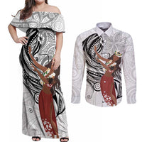 Tahiti Islands Polynesian Plumeria Couples Matching Off Shoulder Maxi Dress and Long Sleeve Button Shirt Tahitian Vahine 'Ote'a - White LT7 White - Polynesian Pride