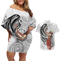 Tahiti Islands Polynesian Plumeria Couples Matching Off Shoulder Short Dress and Hawaiian Shirt Tahitian Vahine 'Ote'a - White LT7 White - Polynesian Pride