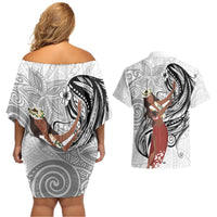 Tahiti Islands Polynesian Plumeria Couples Matching Off Shoulder Short Dress and Hawaiian Shirt Tahitian Vahine 'Ote'a - White LT7 - Polynesian Pride