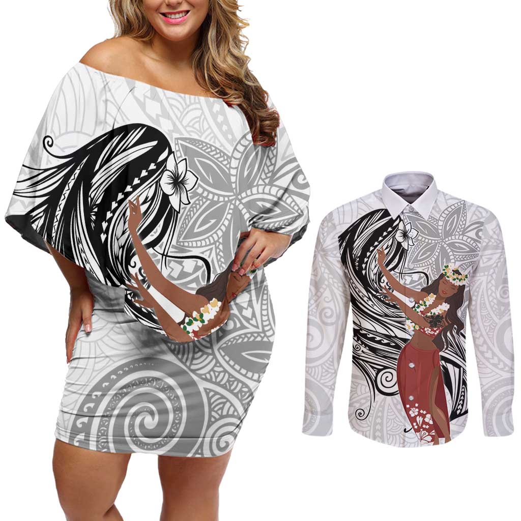 Tahiti Islands Polynesian Plumeria Couples Matching Off Shoulder Short Dress and Long Sleeve Button Shirt Tahitian Vahine 'Ote'a - White LT7 White - Polynesian Pride