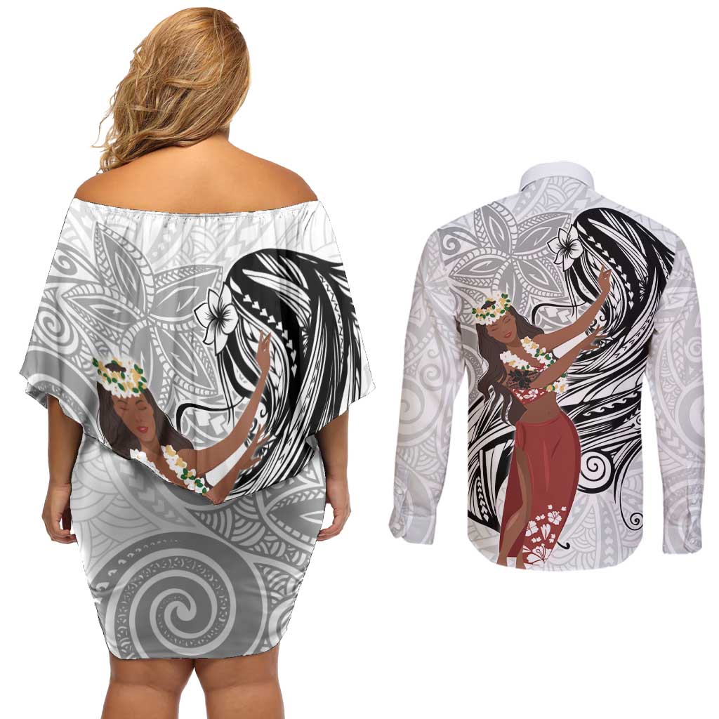 Tahiti Islands Polynesian Plumeria Couples Matching Off Shoulder Short Dress and Long Sleeve Button Shirt Tahitian Vahine 'Ote'a - White LT7 - Polynesian Pride