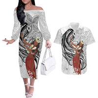 Tahiti Islands Polynesian Plumeria Couples Matching Off The Shoulder Long Sleeve Dress and Hawaiian Shirt Tahitian Vahine 'Ote'a - White LT7 White - Polynesian Pride