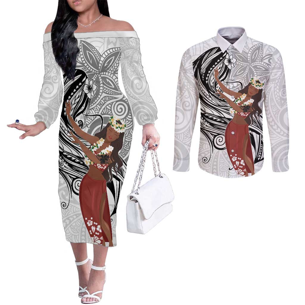 Tahiti Islands Polynesian Plumeria Couples Matching Off The Shoulder Long Sleeve Dress and Long Sleeve Button Shirt Tahitian Vahine 'Ote'a - White LT7 White - Polynesian Pride