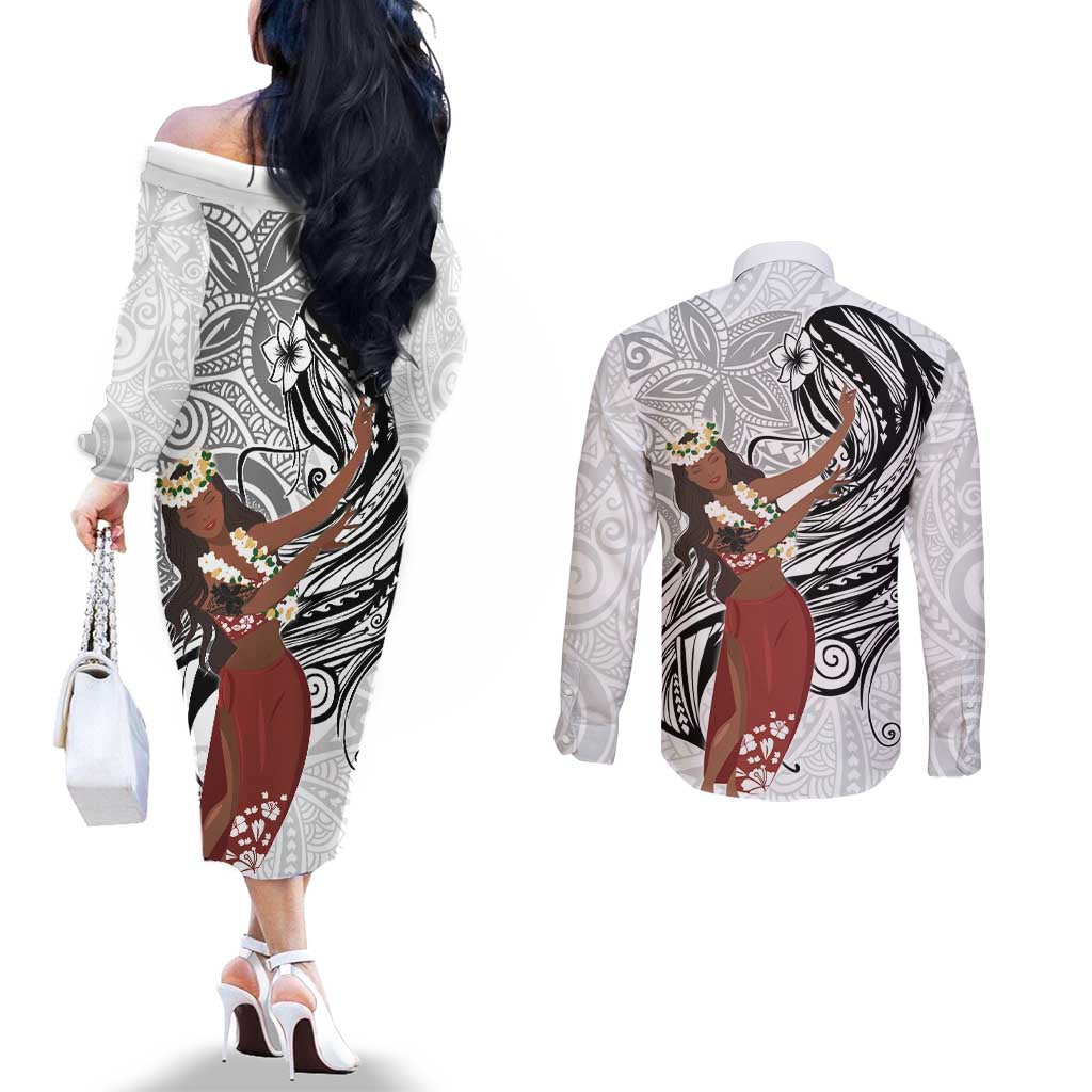 Tahiti Islands Polynesian Plumeria Couples Matching Off The Shoulder Long Sleeve Dress and Long Sleeve Button Shirt Tahitian Vahine 'Ote'a - White LT7 - Polynesian Pride