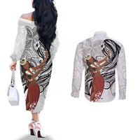 Tahiti Islands Polynesian Plumeria Couples Matching Off The Shoulder Long Sleeve Dress and Long Sleeve Button Shirt Tahitian Vahine 'Ote'a - White LT7 - Polynesian Pride