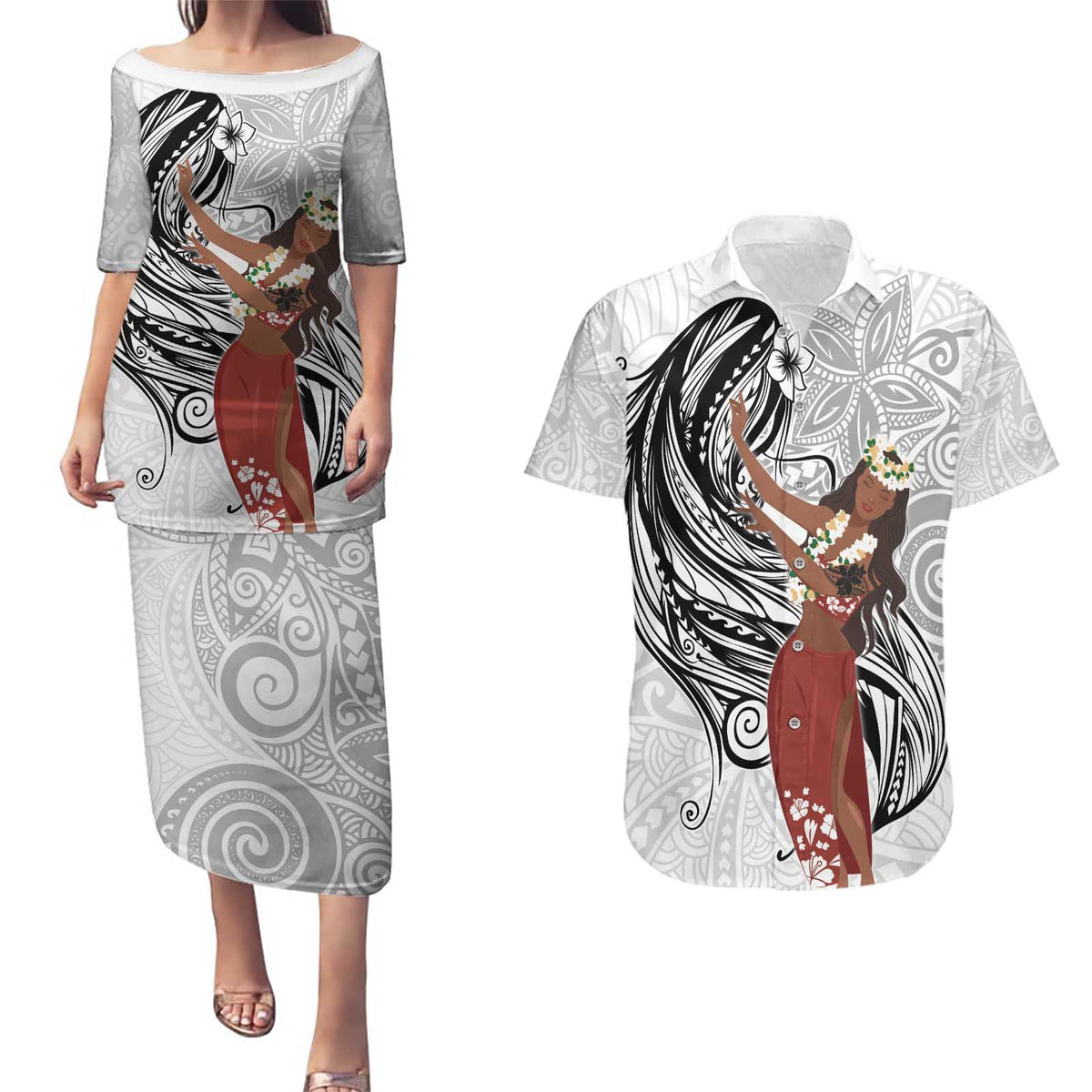 Tahiti Islands Polynesian Plumeria Couples Matching Puletasi and Hawaiian Shirt Tahitian Vahine 'Ote'a - White LT7 White - Polynesian Pride