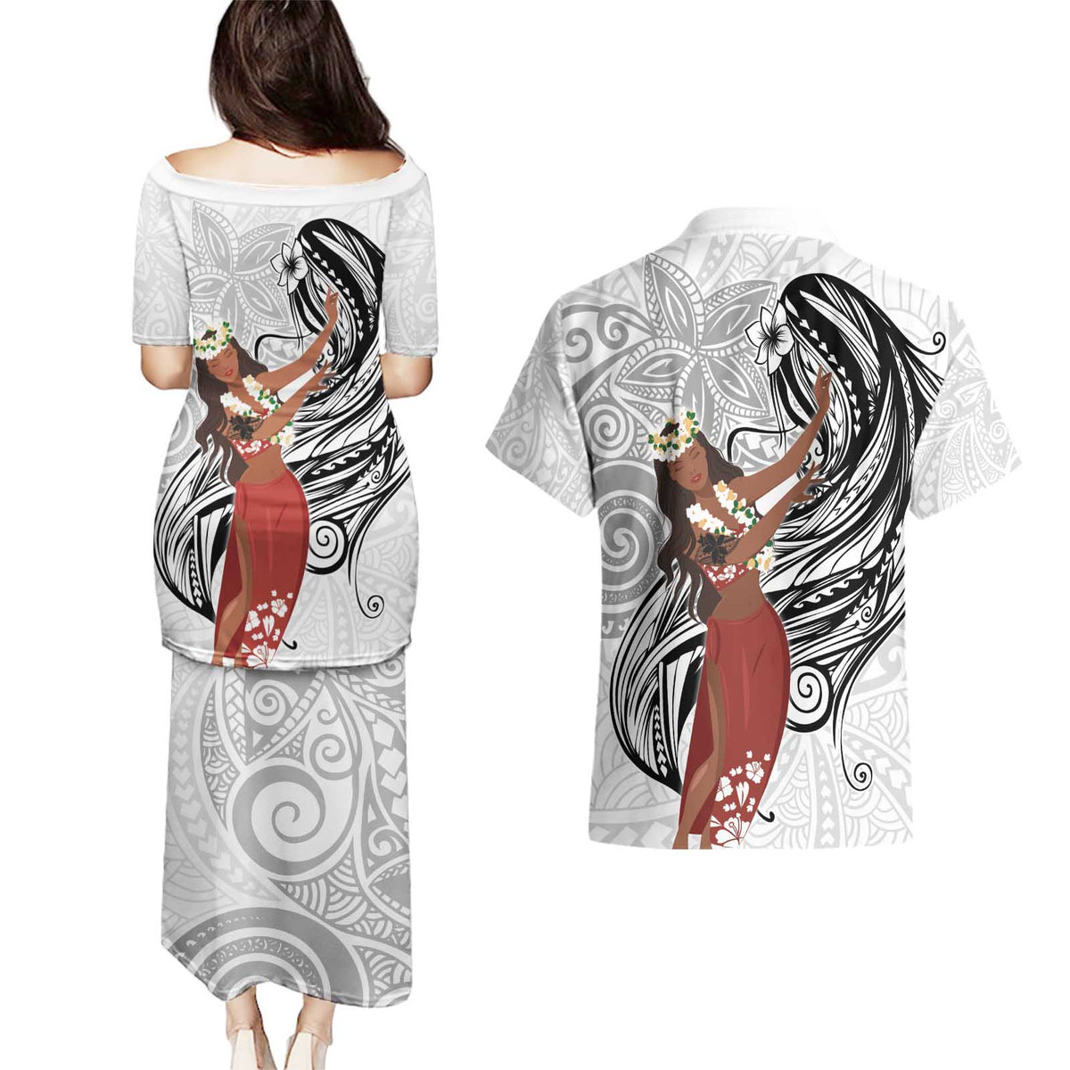 Tahiti Islands Polynesian Plumeria Couples Matching Puletasi and Hawaiian Shirt Tahitian Vahine 'Ote'a - White LT7 - Polynesian Pride
