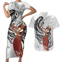 Tahiti Islands Polynesian Plumeria Couples Matching Short Sleeve Bodycon Dress and Hawaiian Shirt Tahitian Vahine 'Ote'a - White LT7 White - Polynesian Pride