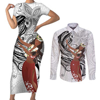 Tahiti Islands Polynesian Plumeria Couples Matching Short Sleeve Bodycon Dress and Long Sleeve Button Shirt Tahitian Vahine 'Ote'a - White LT7 White - Polynesian Pride