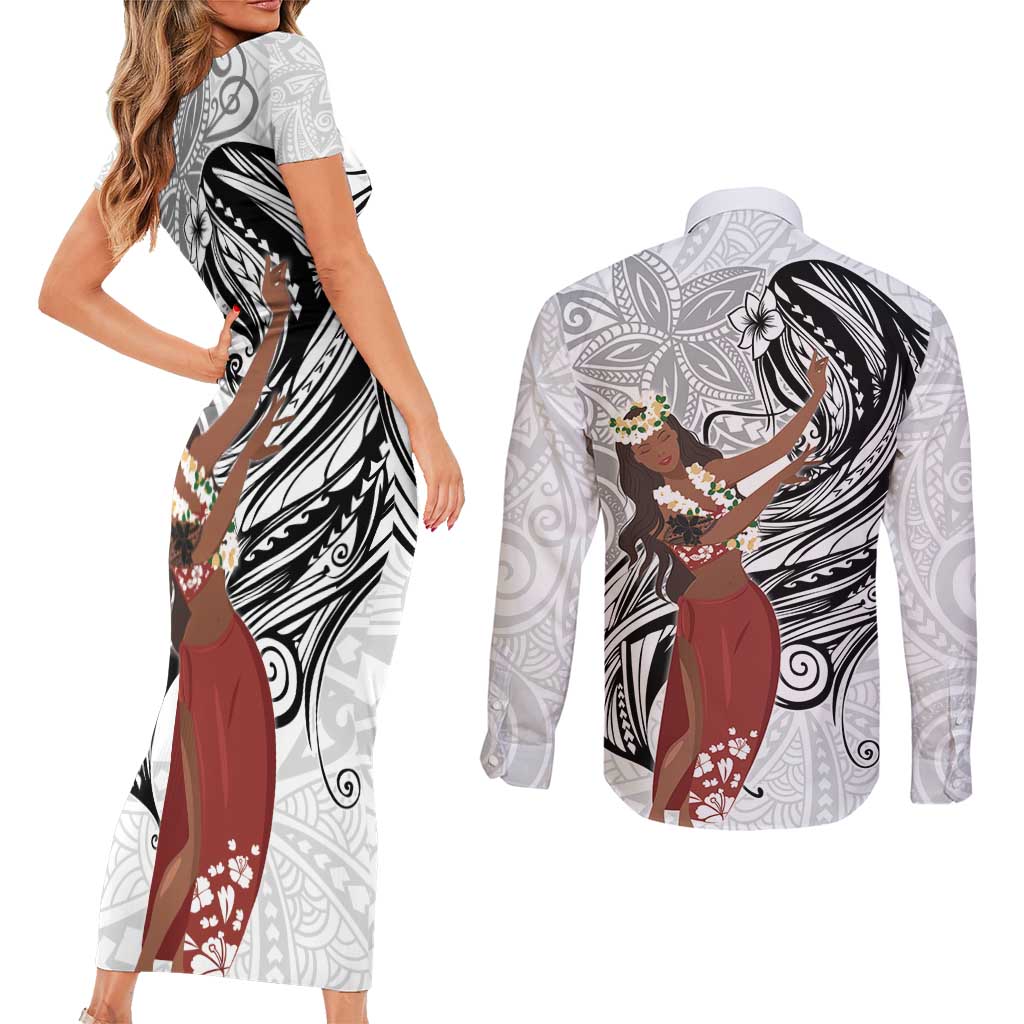 Tahiti Islands Polynesian Plumeria Couples Matching Short Sleeve Bodycon Dress and Long Sleeve Button Shirt Tahitian Vahine 'Ote'a - White LT7 - Polynesian Pride