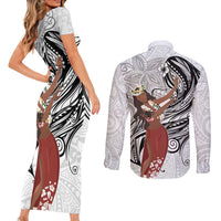 Tahiti Islands Polynesian Plumeria Couples Matching Short Sleeve Bodycon Dress and Long Sleeve Button Shirt Tahitian Vahine 'Ote'a - White LT7 - Polynesian Pride