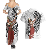 Tahiti Islands Polynesian Plumeria Couples Matching Summer Maxi Dress and Hawaiian Shirt Tahitian Vahine 'Ote'a - White LT7 - Polynesian Pride