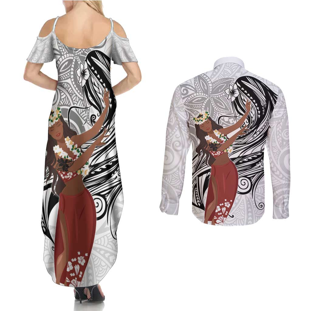 Tahiti Islands Polynesian Plumeria Couples Matching Summer Maxi Dress and Long Sleeve Button Shirt Tahitian Vahine 'Ote'a - White LT7 - Polynesian Pride
