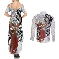 Tahiti Islands Polynesian Plumeria Couples Matching Summer Maxi Dress and Long Sleeve Button Shirt Tahitian Vahine 'Ote'a - White LT7 - Polynesian Pride