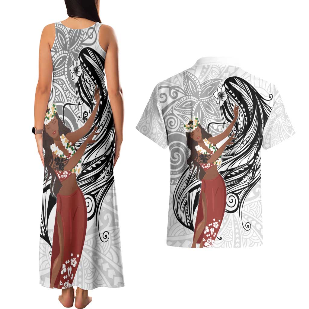 Tahiti Islands Polynesian Plumeria Couples Matching Tank Maxi Dress and Hawaiian Shirt Tahitian Vahine 'Ote'a - White LT7 - Polynesian Pride
