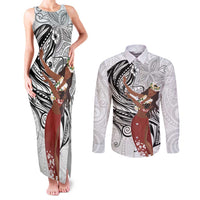 Tahiti Islands Polynesian Plumeria Couples Matching Tank Maxi Dress and Long Sleeve Button Shirt Tahitian Vahine 'Ote'a - White LT7 White - Polynesian Pride