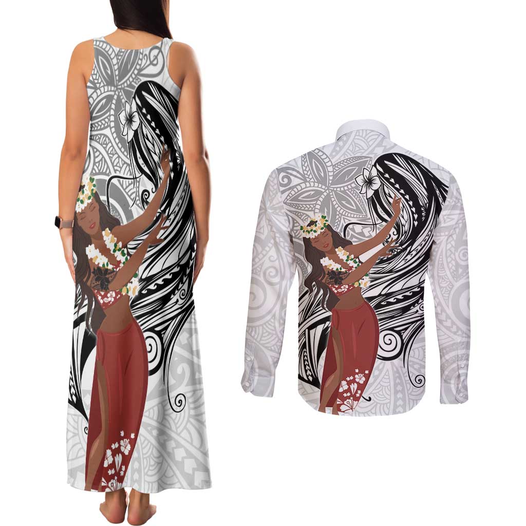 Tahiti Islands Polynesian Plumeria Couples Matching Tank Maxi Dress and Long Sleeve Button Shirt Tahitian Vahine 'Ote'a - White LT7 - Polynesian Pride