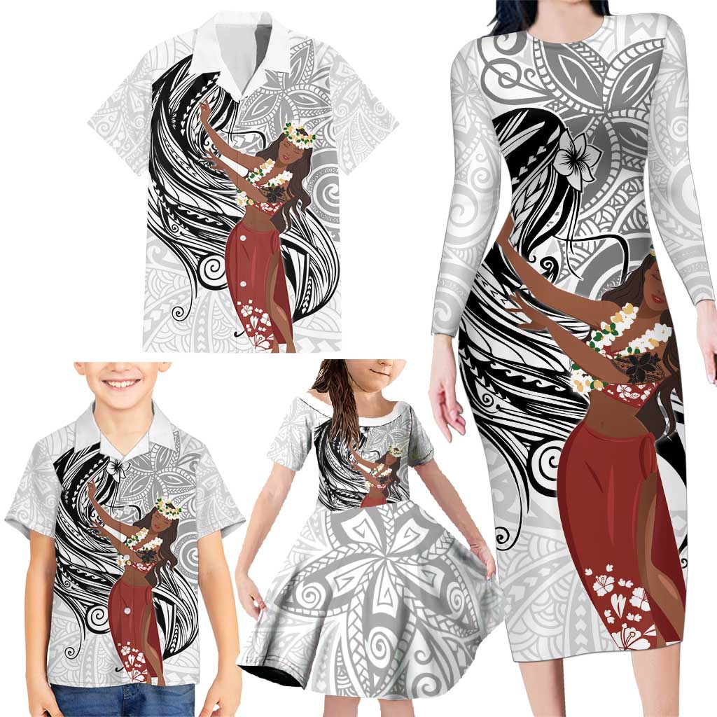 Tahiti Islands Polynesian Plumeria Family Matching Long Sleeve Bodycon Dress and Hawaiian Shirt Tahitian Vahine 'Ote'a - White LT7 - Polynesian Pride