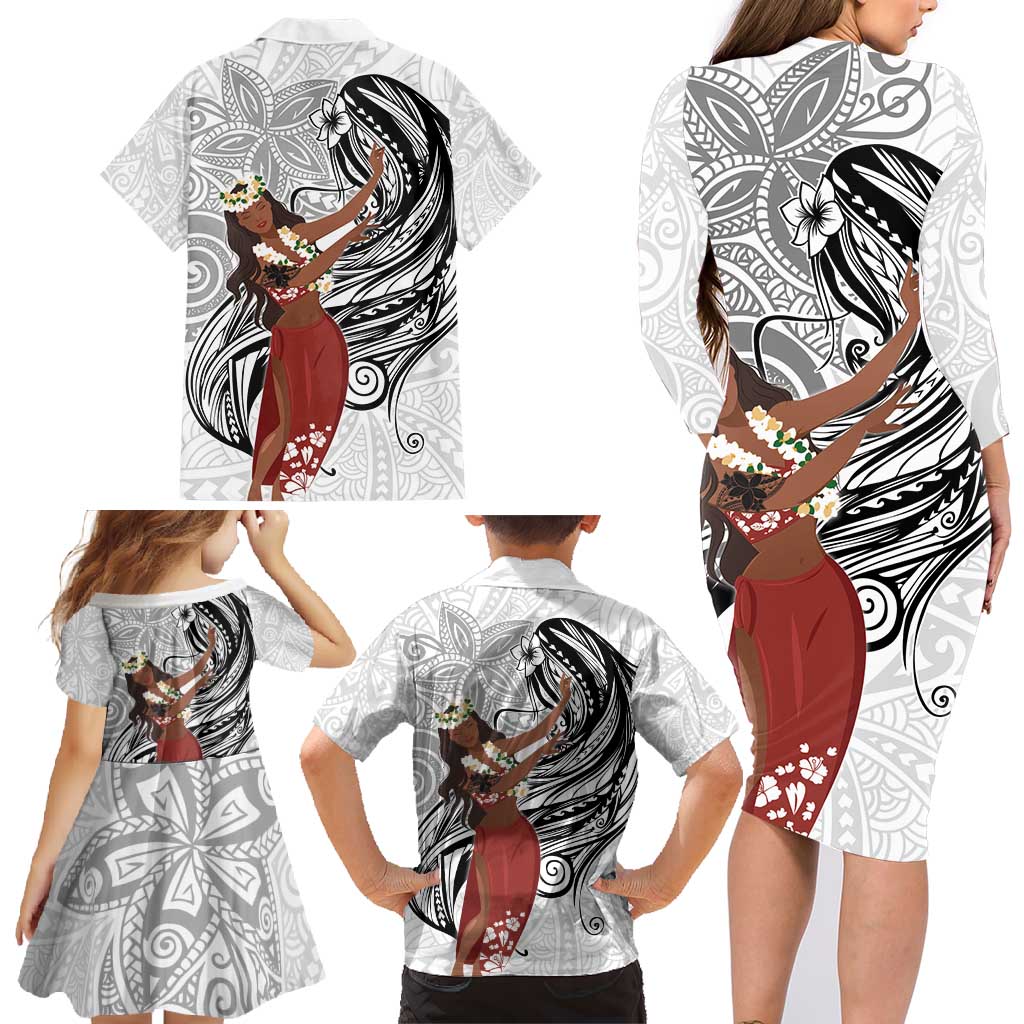 Tahiti Islands Polynesian Plumeria Family Matching Long Sleeve Bodycon Dress and Hawaiian Shirt Tahitian Vahine 'Ote'a - White LT7 - Polynesian Pride