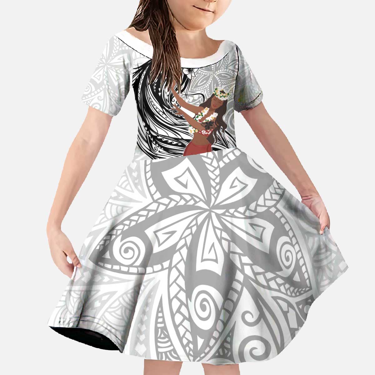 Tahiti Islands Polynesian Plumeria Family Matching Off The Shoulder Long Sleeve Dress and Hawaiian Shirt Tahitian Vahine 'Ote'a - White LT7 Daughter's Dress White - Polynesian Pride