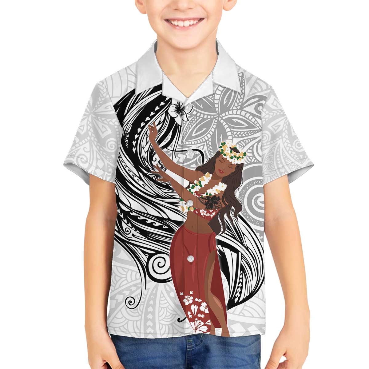 Tahiti Islands Polynesian Plumeria Family Matching Off The Shoulder Long Sleeve Dress and Hawaiian Shirt Tahitian Vahine 'Ote'a - White LT7 Son's Shirt White - Polynesian Pride