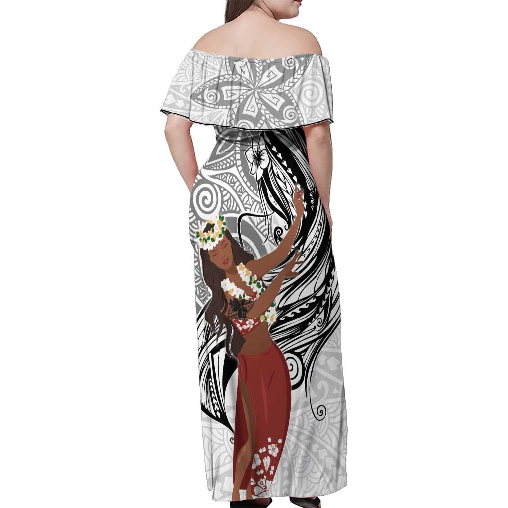 Tahiti Islands Polynesian Plumeria Family Matching Off Shoulder Maxi Dress and Hawaiian Shirt Tahitian Vahine 'Ote'a - White LT7 - Polynesian Pride