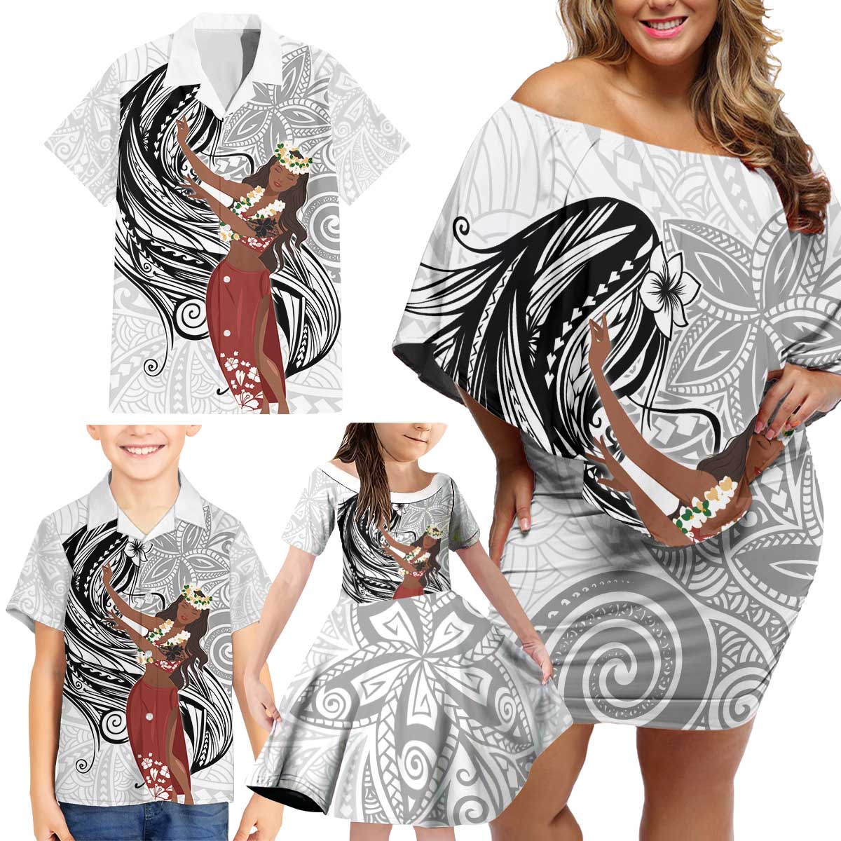 Tahiti Islands Polynesian Plumeria Family Matching Off Shoulder Short Dress and Hawaiian Shirt Tahitian Vahine 'Ote'a - White LT7 - Polynesian Pride