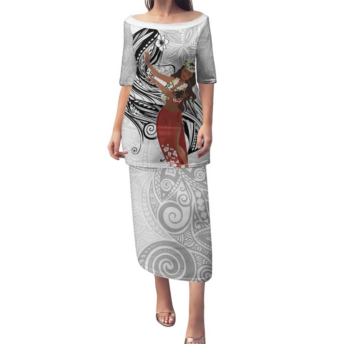 Tahiti Islands Polynesian Plumeria Family Matching Puletasi and Hawaiian Shirt Tahitian Vahine 'Ote'a - White LT7 Mom's Dress White - Polynesian Pride