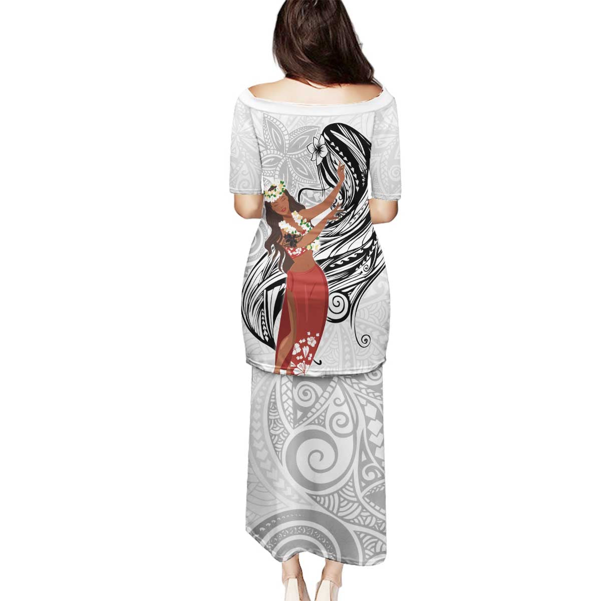 Tahiti Islands Polynesian Plumeria Family Matching Puletasi and Hawaiian Shirt Tahitian Vahine 'Ote'a - White LT7 - Polynesian Pride