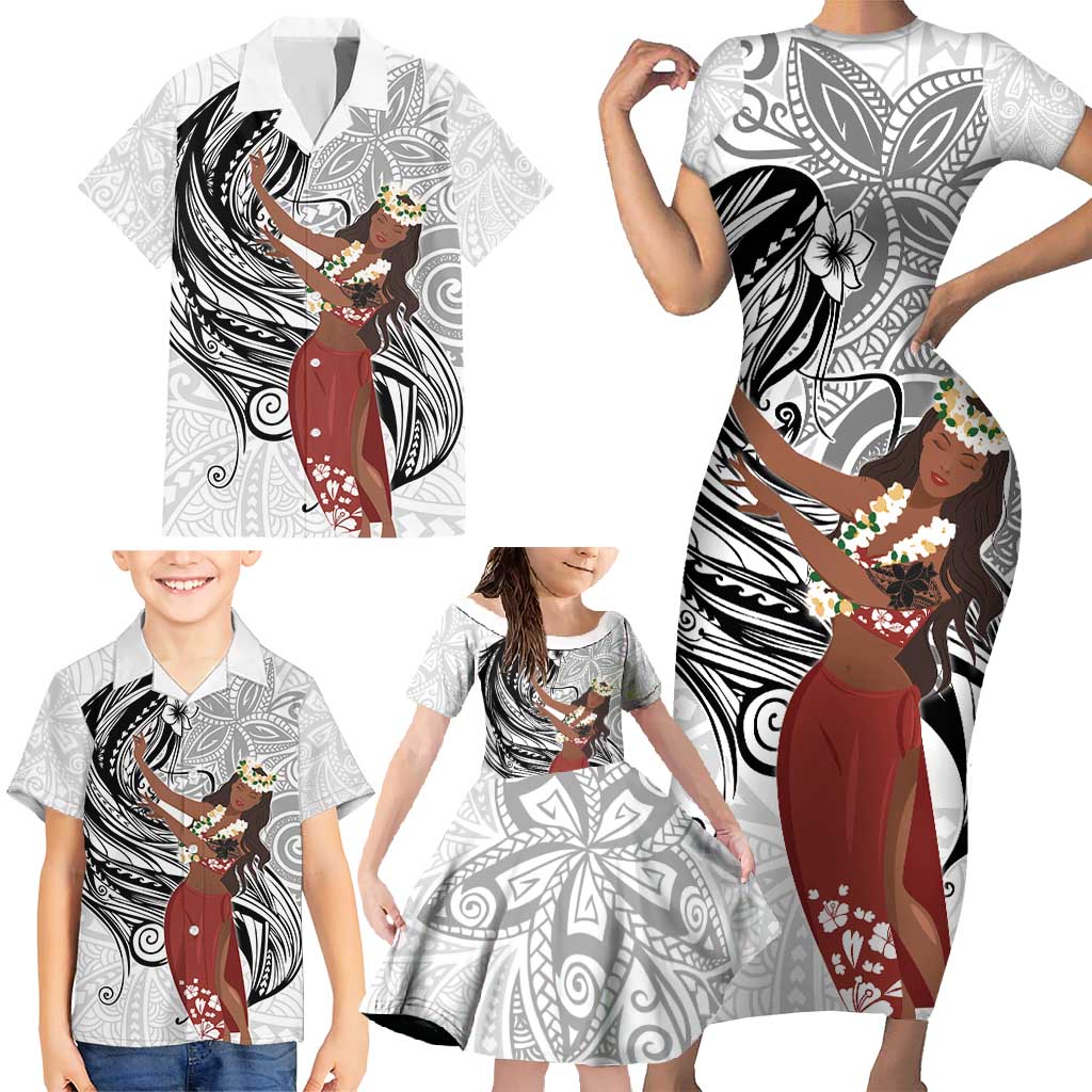 Tahiti Islands Polynesian Plumeria Family Matching Short Sleeve Bodycon Dress and Hawaiian Shirt Tahitian Vahine 'Ote'a - White LT7 - Polynesian Pride