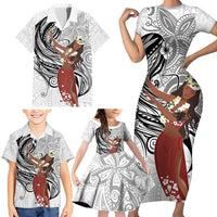 Tahiti Islands Polynesian Plumeria Family Matching Short Sleeve Bodycon Dress and Hawaiian Shirt Tahitian Vahine 'Ote'a - White LT7 - Polynesian Pride
