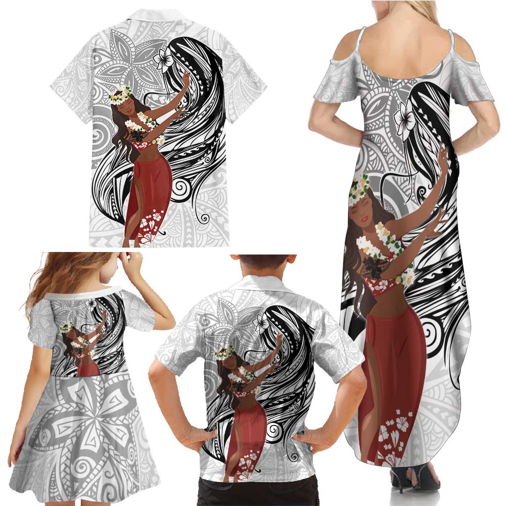 Tahiti Islands Polynesian Plumeria Family Matching Summer Maxi Dress and Hawaiian Shirt Tahitian Vahine 'Ote'a - White LT7 - Polynesian Pride